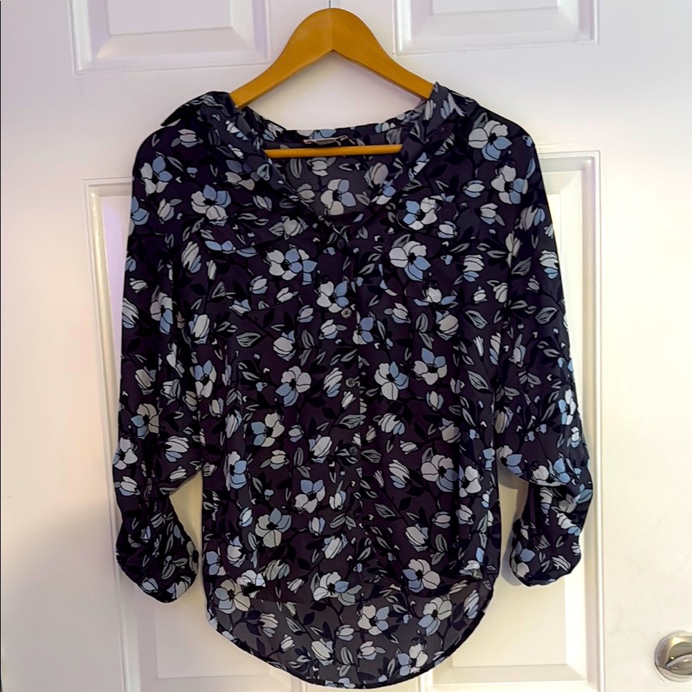 LOFT Black and White Floral Blouse